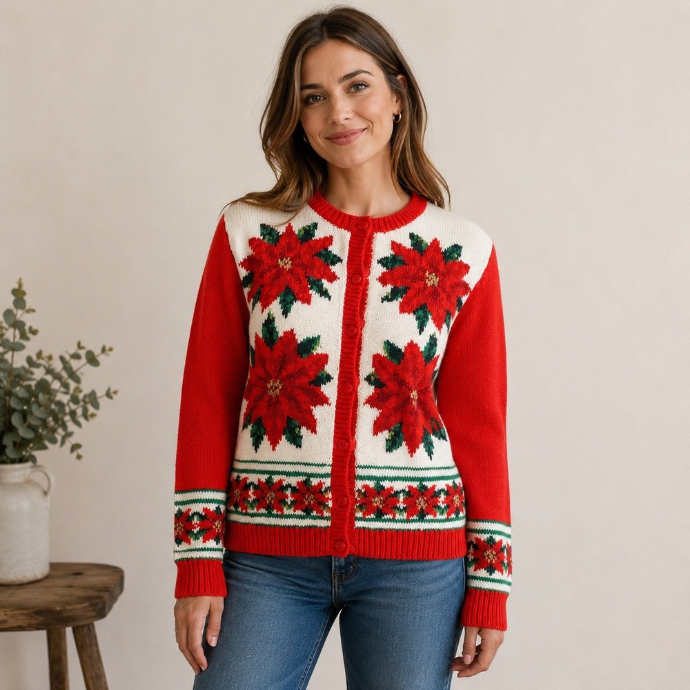 Vintage Westbound Hand Knit Christmas Poinsettia Cardigan Sweater Size Large